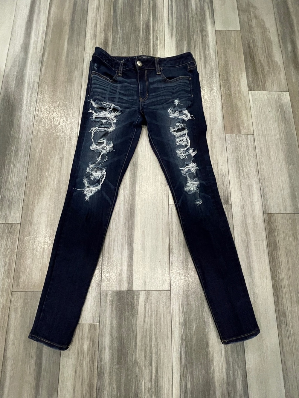 American Eagle Size 8 Long Dark Wash Distressed Jeggings Stretch Skinny Jeans